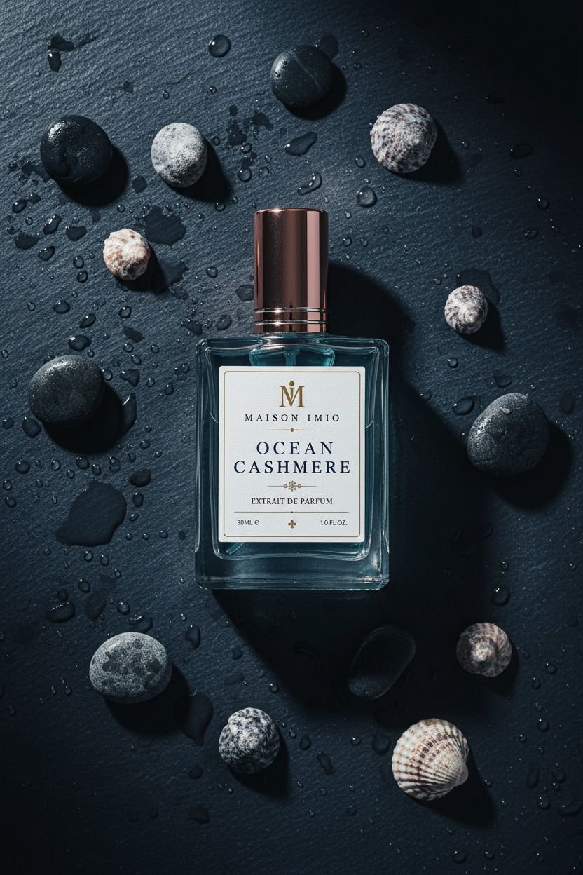 Ocean Cashmere perfume bottle flat lay on dark slate with sea shells and ocean pebbles